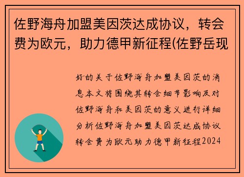 佐野海舟加盟美因茨达成协议，转会费为欧元，助力德甲新征程(佐野岳现状)