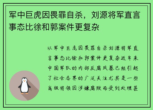 军中巨虎因畏罪自杀，刘源将军直言事态比徐和郭案件更复杂