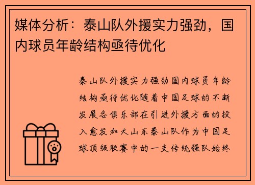 媒体分析：泰山队外援实力强劲，国内球员年龄结构亟待优化