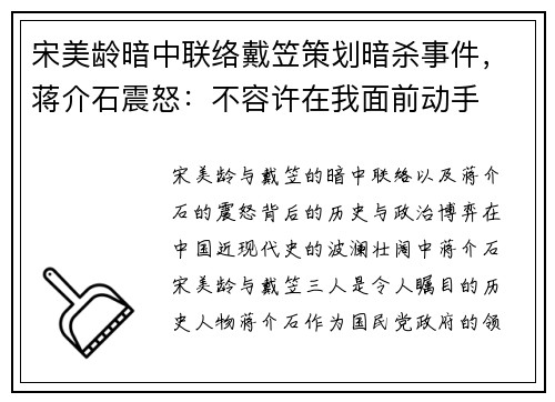宋美龄暗中联络戴笠策划暗杀事件，蒋介石震怒：不容许在我面前动手