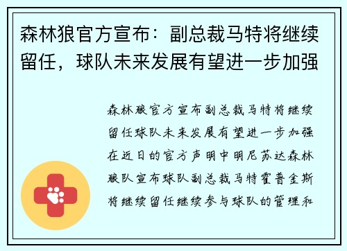 森林狼官方宣布：副总裁马特将继续留任，球队未来发展有望进一步加强